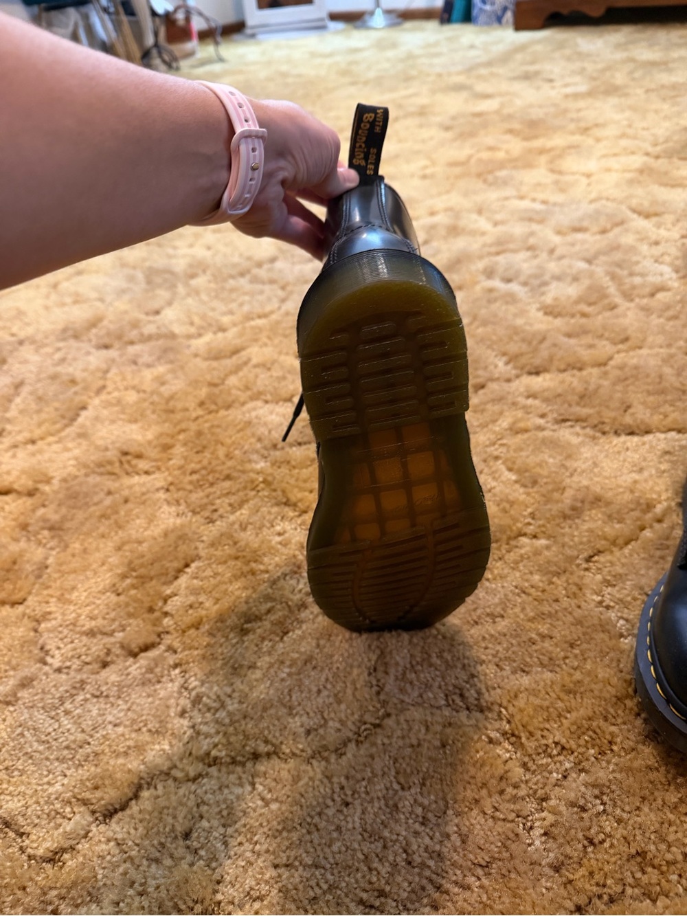 Dr. Martens Women's Black Leather Lace-Up Boots with Yellow Stitching